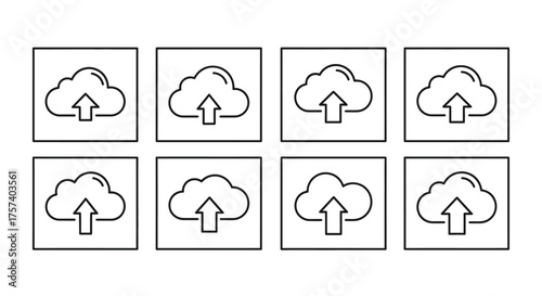 Cloud upload icons set simple line art graphic design elements for digital storage services vector