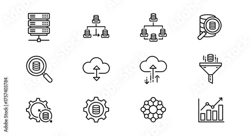 Set of modern data management and cloud technology icons for digital applications and services vector