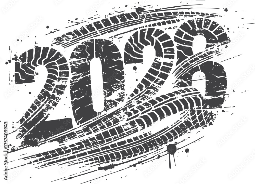 Obraz premium A bold, grungy graphic featuring tire tracks weaving through the year 2022. Energetic, black-and-white design with motion and texture, suitable for branding
