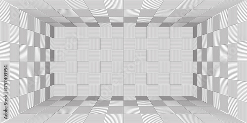 Futuristic 3D grid tunnel with black lines on a white background, creating a deep, immersive perspective effect ideal for sci-fi, tech, or retro designs.