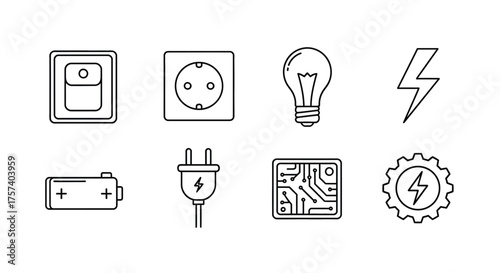 Set of hand drawn electrical icons including switch outlet lightbulb lightning bolt battery plug circuit board vector