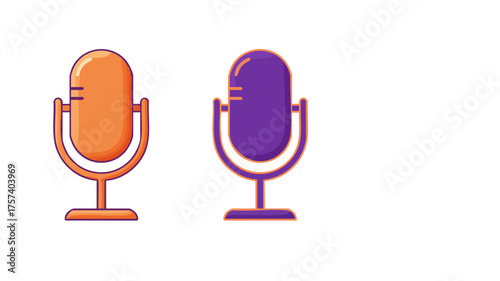 Two retro microphones, one orange and one purple, stand side-by-side on white background.