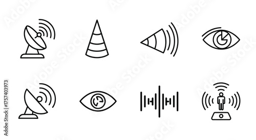 Hand drawn icons representing communication radar signals vision sound waves and a traffic cone vector