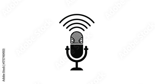 Vintage microphone icon with radio waves signal broadcast sound recording communication audio vector