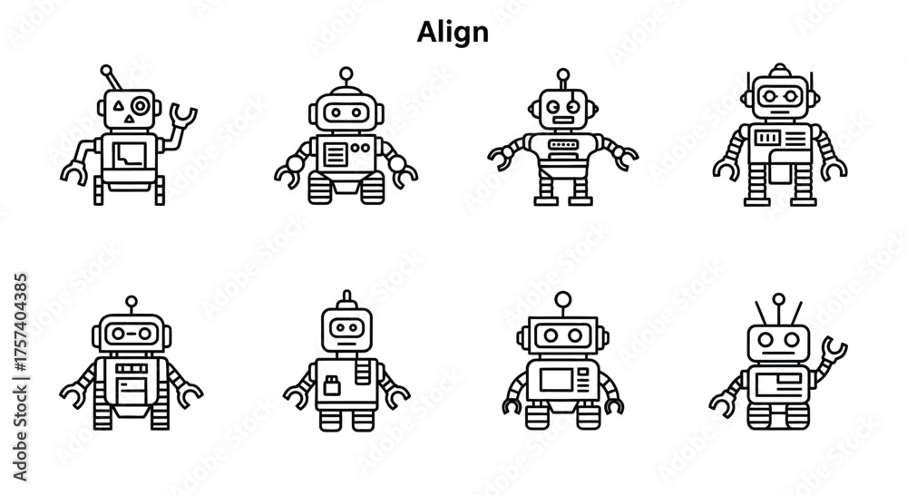 Fototapeta premium Collection of diverse hand-drawn retro robot characters in outline style for creative projects vector