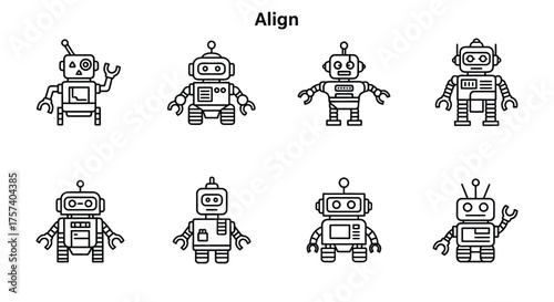 Collection of diverse hand-drawn retro robot characters in outline style for creative projects vector