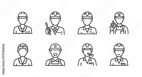Collection of hand drawn construction worker avatars with helmets and tools icons vector