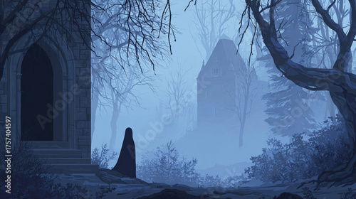 Flat poster illustration in spooky horror style, showing winter mist inside a castle with a black cloaked hooded ghost and eerie atmosphere
