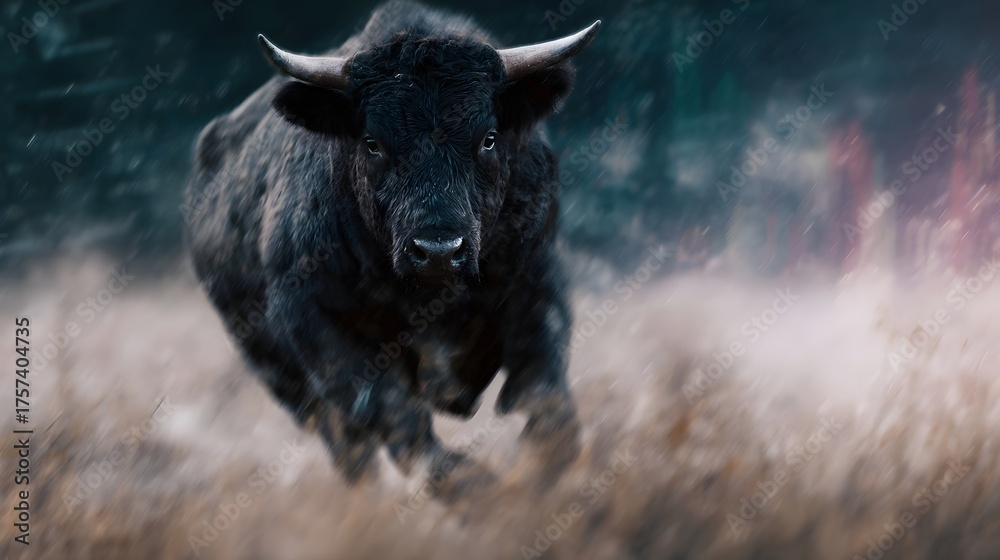 Fototapeta premium Powerful black bull charges forward with intense energy through a dry dusty field