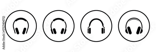 A set of headphones linear icon. Graphic web label of earphone. Sound symbol. Device for listening to music. A simple black and white icon illustration of a headset with a microphone. eps 10