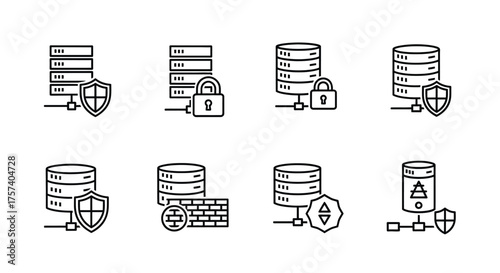 Database security icons showing servers shields locks and firewalls for data protection vector