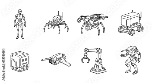 Collection of futuristic robotics and advanced technology designs for sci-fi projects vector