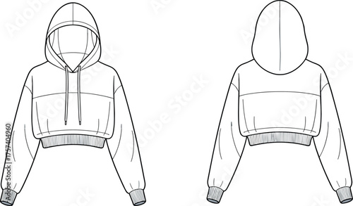 Cad drawing flat vector illustration, cropped hoodie fashion sketch, garment construction template, apparel design blueprint, clothing pattern front back view