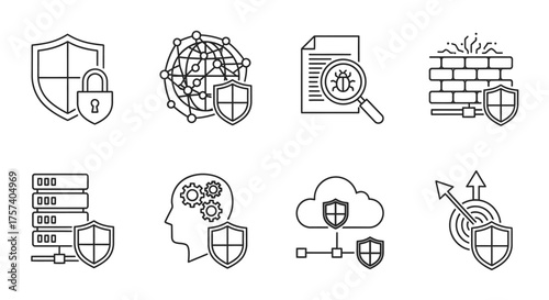 Cybersecurity icons set shield lock globe data firewall servers brain cloud target technology vector