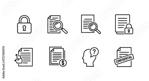 Security data audit financial research and question icons set document management concepts vector
