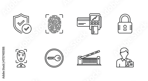Digital security icons featuring shield fingerprint lock face id and authentication concepts vector