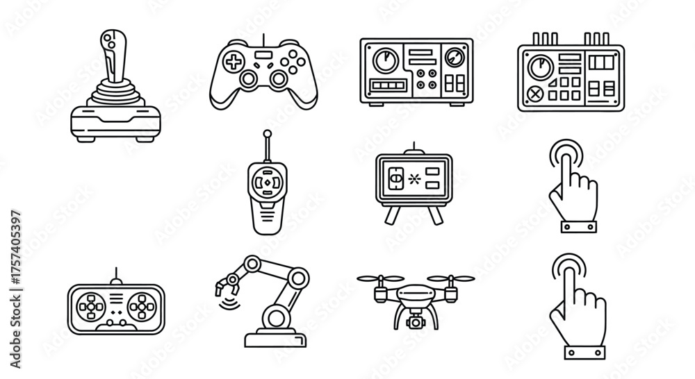 Naklejka premium Collection of retro and modern technology icons featuring joysticks controllers robots and drones vector