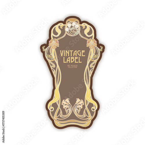 Decorative flowers and leaves in art nouveau style, vintage, old, retro style. Border, frame, template for product label, cosmetic packaging. Easy to edit. Vector illustration.