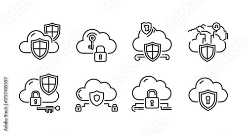 Cloud security icons set representing data protection and digital safety in a sketchy style vector