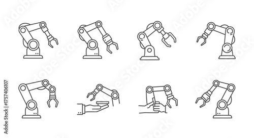 Set of robotic arms in various industrial manufacturing and automation poses detailed line drawings vector