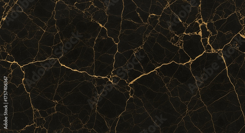 black marble with bold gold and white wlightning-like veins, dramatic kintsugi-inspired design for high-end luxury interiors, statement furniture, and sophisticated architectural elements

