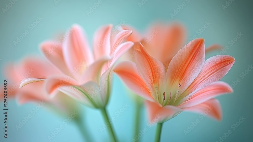 Fototapeta premium a blurry, out-of-focus photograph of delicate pink and orange flowers with long petals, arranged in an artistic composition on the right side of the frame. the background is a light blue-green