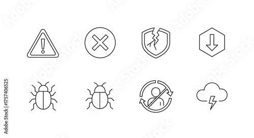 Cyber security icons featuring warning bug download shield and cloud protection graphics vector