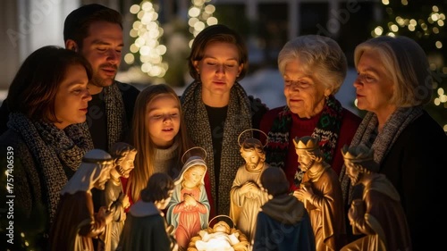Family gathering in warm candlelight celebrating with nativity scene at christmas