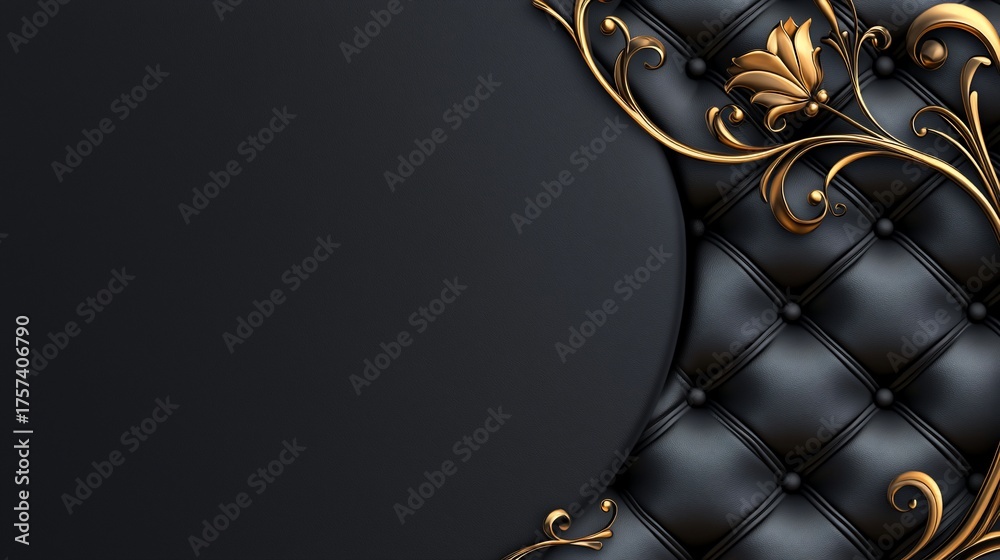 Obraz premium Luxurious Black Leather Quilted Texture with Golden Floral Ornament Frame.
