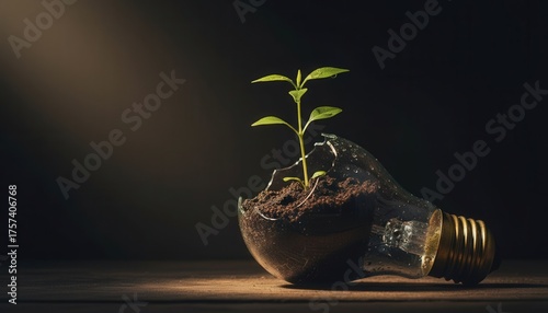 Seedling growing from a broken light bulb, innovative mood, representing sustainability and nature.
