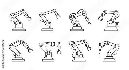 Industrial robot arm icons set different angles automation manufacturing technology vector