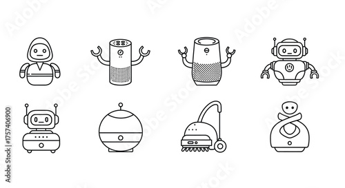 Collection of diverse robot icons and designs for futuristic technology and ai concepts vector