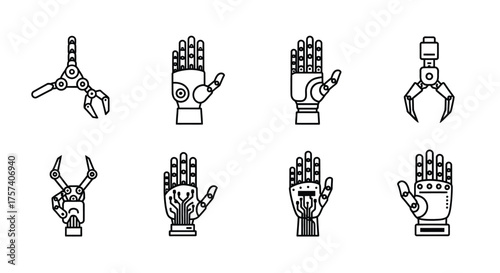 Collection of futuristic robotic hands and mechanical grippers for industrial automation and technology concepts vector