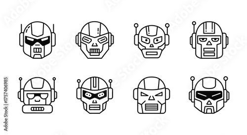 Collection of retro robot heads and sci-fi character faces with futuristic helmets and antennas vector