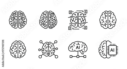 Set of simplified line art icons representing artificial intelligence and brain concepts for technology and innovation vector