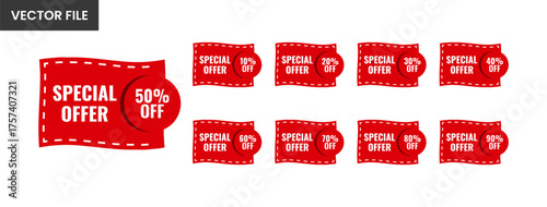 Set of red special offer discount tags from 10 to 90 percent off perfect for sales promotions