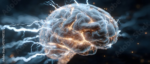 Glowing human brain experiences electrical impulses and neural activity.