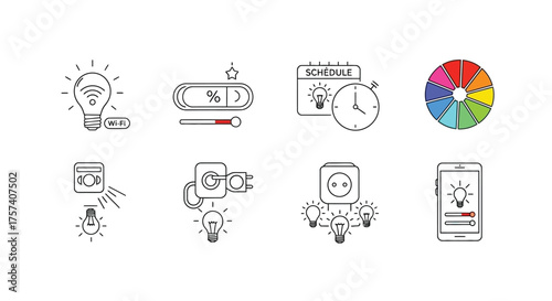 Creative technology icons featuring robots lightbulb and color wheel in simple line art style vector