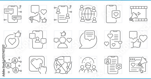 Social Media line icons set. Application, chat, software, announce, connect, like, comment, share, mass. Vector editable stroke.