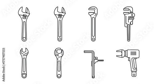 Collection of assorted wrench types hand drawn line art mechanical tools vector