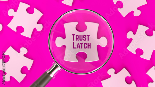 Trust Latch text banner. Jigsaw puzzle and magnifying glass 3d render.