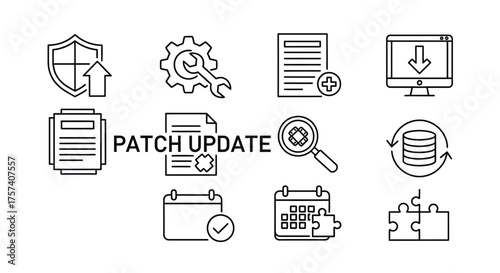 Collection of patch update icons representing security software updates and system maintenance vector