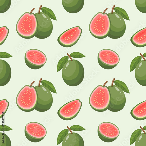 Fresh guava fruit seamless pattern. Tropical fruit background.