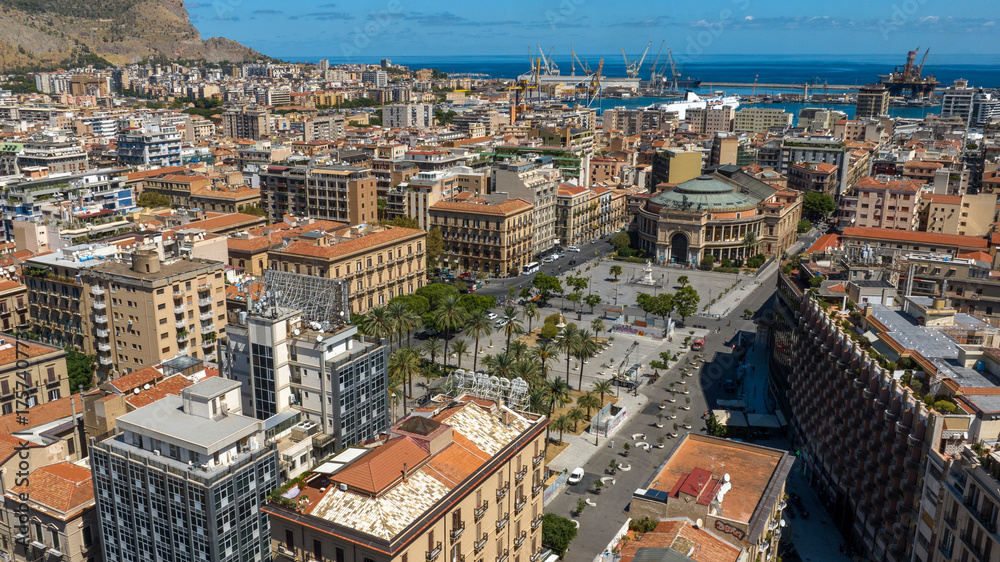 Naklejka premium Aerial view of Politeama Theatre, complete name Teatro Politeama Garibaldi. It is a theatre of Palermo, Sicliy, Italy. It is located in the central Piazza Ruggero Settimo, historic center of the city.
