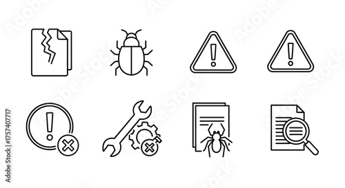 Collection of digital icons representing bugs errors warnings and solutions vector