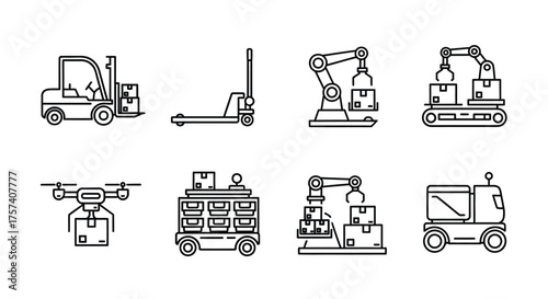 Modern logistics and automation icons set featuring forklift pallet jack robots drone autonomous vehicle vector
