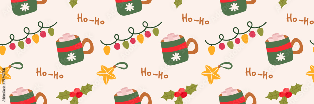 Naklejka premium Christmas seamless pattern with mugs, holly, and festive lights. Cozy winter holiday vector background.