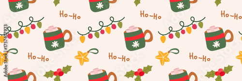 Christmas seamless pattern with mugs, holly, and festive lights. Cozy winter holiday vector background.