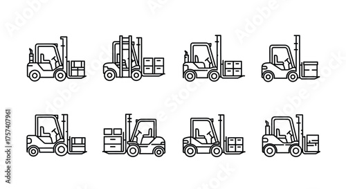 Collection of eight hand-drawn style forklift icons symbolizing logistics and warehousing operations vector