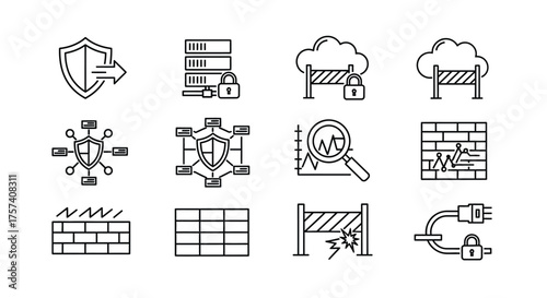 Cybersecurity icons set protecting digital assets secure network data protection and cloud safety vector
